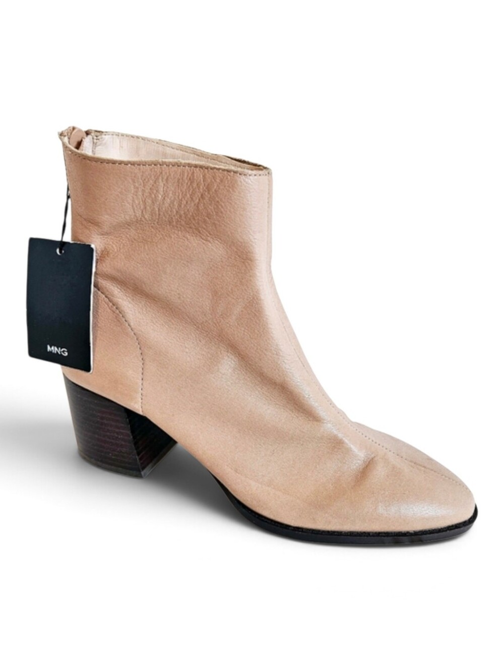 NWT MNG Mango Ankle Boots 38 Leather Block Heel Back Zip Almond Toe Tan Brown